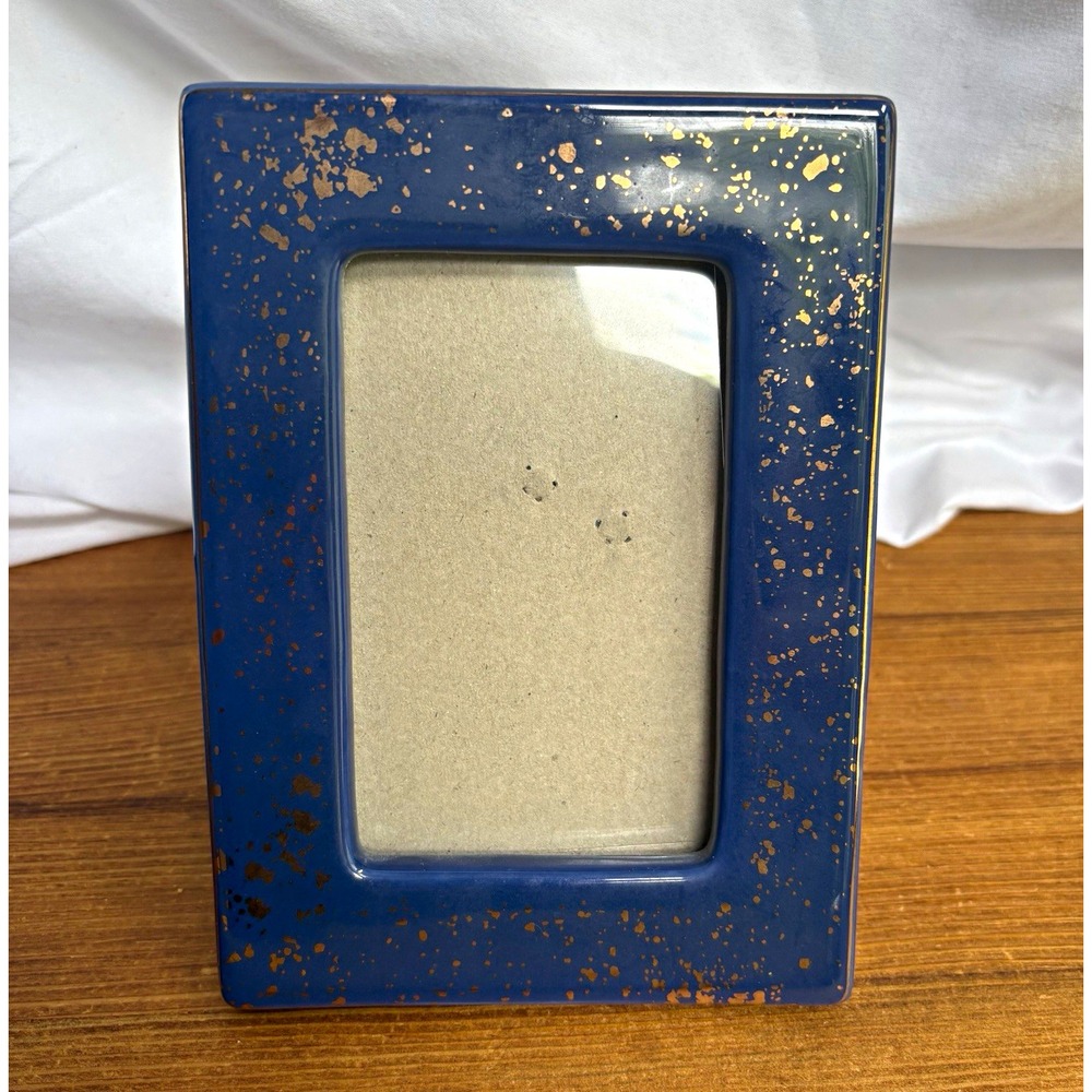 Blue Gold Speckled Ceramic Picture Frame 3.5x5 Freestanding Tabletop